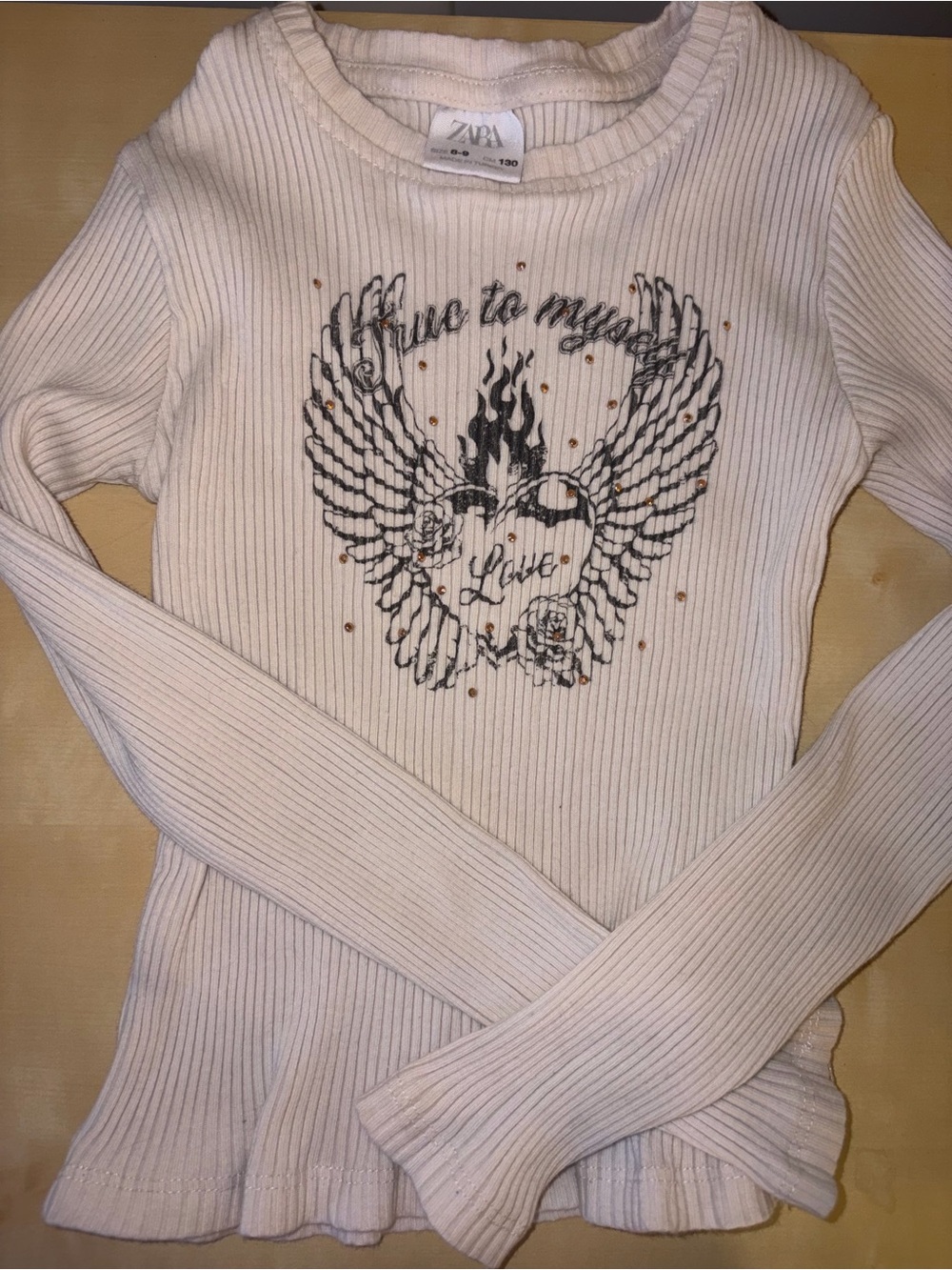 Zara Kids Cream fitted Ribbed Long-Sleeve Graphic Top
